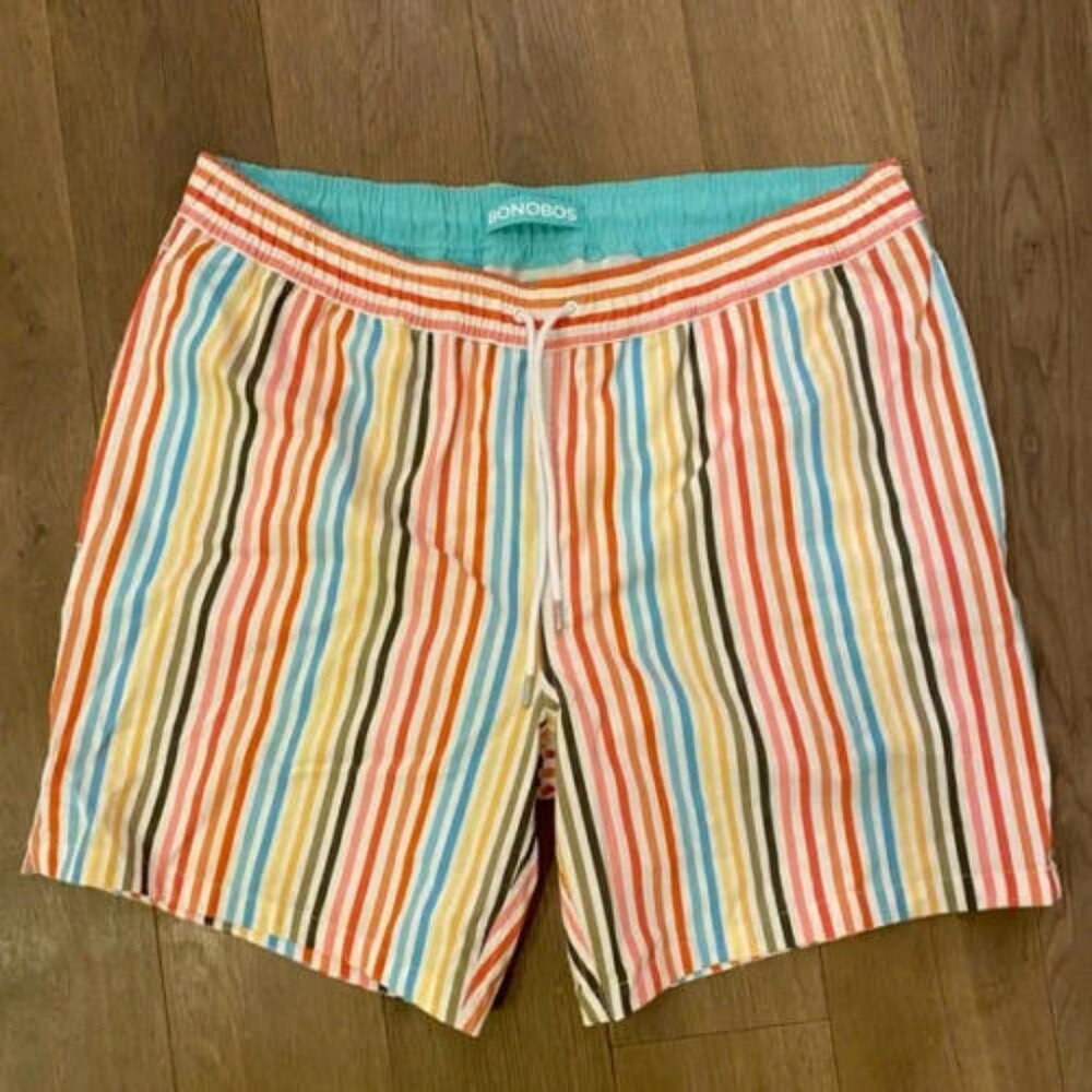 Bonobos Riviera Recycled Rainbow Stripe Print Swim Trunks Shorts XXL New